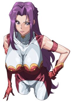 1girl armlet breasts code_geass cornelia_li_britannia female_focus gloves hand_on_own_hip highres jewelry large_breasts lips long_hair paintedmike purple_eyes purple_hair shiny_skin simple_background white_background
