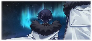 Rule 34 | 1boy, aiguillette, aurora, blunt ends, border, character request, coat, commentary, facing away, fatui coat, from behind, fur-trimmed coat, fur trim, genshin impact, gold, height difference, jewelry, multicolored hair, neck ring, night, outdoors, purple hair, purple rope, rope, scaramouche (genshin impact), sky, star (sky), starry sky, streaked hair, w 0reha, watermark, white border, white coat