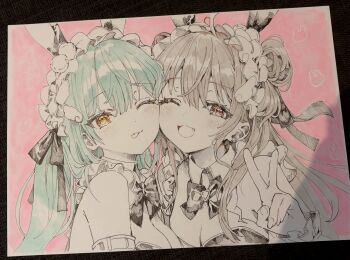 Rule 34 | 2girls, animal ears, bare shoulders, bow, bowtie, breasts, cleavage, closed mouth, commentary request, detached collar, fake animal ears, fang, green hair, hand up, headdress, highres, hiyori (momoko), large breasts, long hair, looking at viewer, momoko (momopoco), multiple girls, one eye closed, open mouth, original, rabbit ears, shikishi, smile, tongue, tongue out, traditional bowtie, traditional media, v, yellow eyes, yukari (momoko)