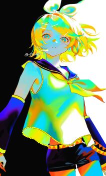 1girl aqua_eyes bare_shoulders black_sailor_collar black_shorts black_sleeves blonde_hair cowboy_shot detached_sleeves hair_ornament hair_ribbon hairclip highres kagamine_rin midriff_peek neckerchief parted_lips ribbon sailor_collar shirt short_hair shorts sleeveless sleeveless_shirt solo ssurge_l swept_bangs twitter_username vocaloid white_ribbon white_shirt yellow_neckerchief