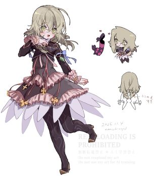 Rule 34 | 1girl, absurdres, black boots, blonde hair, blush, boots, chibi, commentary request, creature, dress, elize lutus, frilled dress, frilled sleeves, frills, full body, green eyes, hair between eyes, hand on own chest, heart, high heel boots, high heels, highres, long hair, long sleeves, nancykittyu, simple background, smile, solo, standing, standing on one leg, tales of (series), tales of xillia, teepo (tales), thigh boots, white background