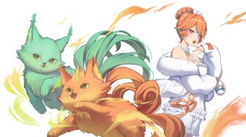 Rule 34 | 1girl, babydoll, cat, chonkers (takanashi kiara), commentary, english commentary, fluffy clothes, frilled babydoll, frills, fur jacket, green hair, green highlights, hair bun, highres, hololive, hololive english, jacket, lace-trimmed nightgown, looking at viewer, multicolored hair, official alternate costume, official alternate hairstyle, open mouth, orange hair, purple eyes, resu desu, simple background, smile, smoothie (takanashi kiara), solo, takanashi kiara, takanashi kiara (cozy), two-tone hair, virtual youtuber, white babydoll, white background