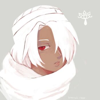 1girl dark-skinned_female dark_skin goma_tonbi grey_background hair_over_one_eye lips looking_to_the_side nintendo parted_lips portrait red_eyes sheik solo the_legend_of_zelda the_legend_of_zelda:_ocarina_of_time turban white_hair