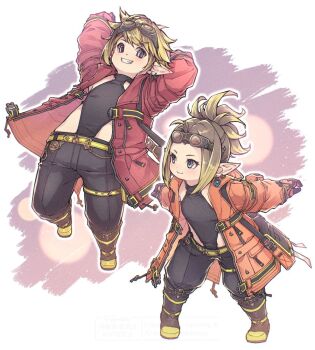 Rule 34 | 1boy, 1girl, airplane arms, arms up, belt, black pants, blonde hair, boots, brown hair, clothing request, commentary, earrings, eyaney (ff14), final fantasy, final fantasy xiv, fugashi 117, full body, gloves, goggles, goggles on head, grin, hood, hood down, hooded jacket, jacket, jewelry, jumping, lalafell, long sleeves, lumull (ff14), multicolored hair, multiple earrings, open clothes, open jacket, orange gloves, orange jacket, outstretched arms, pants, pointy ears, ponytail, red jacket, short hair, siblings, sidelocks, smile, spread arms, standing, streaked hair, two-tone hair, untranslatable commentary, yellow belt