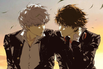 2boys absurdres adam&#039;s_apple black_jacket brown_hair chinese_commentary closed_mouth commentary_request grey_eyes hanamura_yousuke hand_on_own_neck headphones headphones_around_neck highres jacket jing_zhi_kaoxiang_yu_re_zhong long_sleeves looking_at_another male_focus multiple_boys narukami_yu parted_lips persona persona_4 shirt short_hair upper_body white_shirt