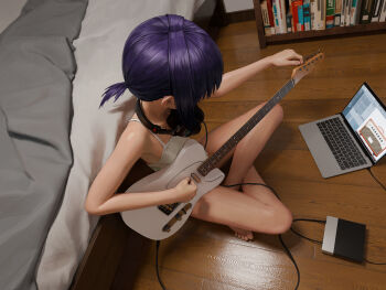 1girl 3d absurdres an_yb bare_legs barefoot bed bedroom book bookshelf cable camisole commentary computer convenient_censoring electric_guitar english_commentary flat_chest from_above full_body guitar headphones headphones_around_neck highres indian_style indoors instrument laptop looking_down music no_pants original playing_instrument ponytail purple_hair short_ponytail sitting slice_of_life solo spaghetti_strap white_camisole wooden_floor