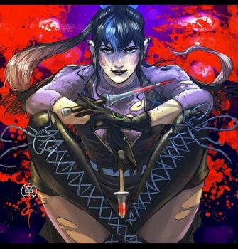 batman_(series) black_hair blood bloody_knife boots dc_comics ear_piercing gloves holding holding_knife knife laces multicolored_hair piercing punchline_(dc) red_background streaked_hair torn_clothes vanemariposa47