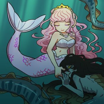 2girls black_hair blue_background blue_skin closed_eyes colored_skin commentary eel_girl emaciated fins full_body gradient_hair green_hair highres hikagami_(june_lotus) holding_hands long_hair mermaid monster_girl multicolored_hair multiple_girls original pink_hair sharp_teeth spines symbol-only_commentary teeth tiara underwater very_long_hair yellow_eyes