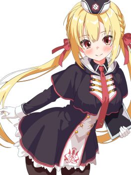 1girl arihara_nanami black_capelet black_dress black_hat black_pantyhose blonde_hair blush bow braid buttons capelet closed_mouth commentary cowboy_shot double-breasted dress floating_hair frilled_dress frills garrison_cap gloves hair_between_eyes hair_bow hair_ribbon hat highres holding holding_tablet_pc long_hair long_sleeves looking_at_viewer low_twintails necktie pantyhose red_bow red_eyes red_necktie red_ribbon ribbon riddle_joker short_dress side_braids sidelocks simple_background smile solo split_mouth tablet_pc twintails very_long_hair white_background white_gloves yokoshima_akunusu