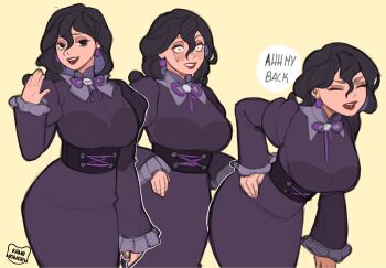 1girl alternate_breast_size_(larger) back_pain bags_under_eyes black_corset black_dress black_eyes black_hair breasts closed_eyes corset dress earrings hair_between_eyes hex_maniac_(pokemon) hex_maniac_(pokemon_legends:_z-a) highres jewelry juliet_sleeves kamii_momoru large_breasts long_hair long_sleeves looking_at_viewer neck_ribbon nintendo open_mouth pokemon pokemon_legends:_z-a puffy_sleeves purple_ribbon ribbon simple_background smile sweatdrop teeth