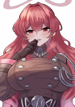 1girl aiguillette belt blush breasts brown_belt brown_gloves buttons commentary_request dated double-breasted duel_monster earrings exosister_karmael exosister_martha gloves hair_between_eyes halo highres jacket jewelry large_breasts long_hair long_sleeves looking_at_viewer military_jacket military_uniform nikuko open_mouth red_eyes red_hair red_jacket sidelocks simple_background standing twitter_username upper_body very_long_hair white_background yu-gi-oh!