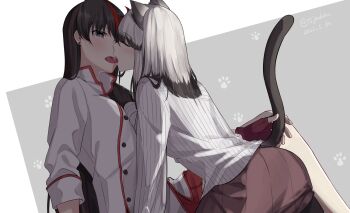 Rule 34 | 2girls, animal ears, black gloves, black hair, blunt bangs, blush, brown skirt, cat ears, cat girl, cat tail, closed eyes, colored tips, commentary request, dated, earrings, facing another, fingerless gloves, french kiss, gloves, grey eyes, hand on another's shoulder, inago akira, jewelry, jouhou, kiss, long hair, long sleeves, looking at another, medium hair, minoseki gakuin uniform, multicolored hair, multiple girls, open mouth, origami family's elite guard uniform, paw print, red gloves, red hair, red skirt, saliva swap, satsuki yomi, shirt, single fingerless glove, skirt, streaked hair, striped clothes, striped shirt, tail, toji no miko, tongue, tongue out, twitter username, white hair, white shirt, yuri