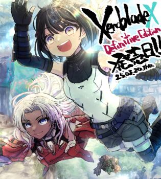 2girls :d black_gloves black_hair blue_eyes commentary_request dark-skinned_female dark_skin dated elma_(xenoblade_x) falling gloves gomato lin_lee_koo long_hair midair multiple_girls open_mouth short_hair smile tatsu_(xenoblade_x) teeth upper_teeth_only white_hair xenoblade_chronicles_(series) xenoblade_chronicles_x