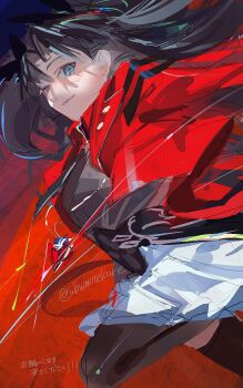 1girl artist_name black_hair blue_eyes commentary_request fate/stay_night fate_(series) gem highres honkai:_star_rail honkai_(series) jacket jewelry long_hair looking_at_viewer necklace parted_lips pendant red_gem red_jacket sketch solo tohsaka_rin twitter_username ubwmitekure