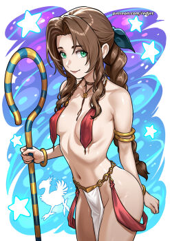 1girl aerith_gainsborough armlet bracelet braid braided_ponytail breast_curtains breasts brown_hair closed_mouth dancer final_fantasy final_fantasy_vii gold_armlet gold_bracelet green_eyes hair_intakes highres jewelry long_hair looking_at_viewer navel pelvic_curtain redjet small_breasts smile solo stomach very_long_hair