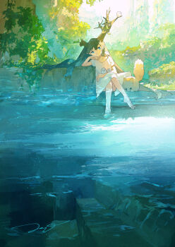 Rule 34 | 1girl, animal, arm support, barefoot, bird, crossed legs, dress, feet in water, highres, lake, nature, original, pointy ears, potg (piotegu), sitting, white dress