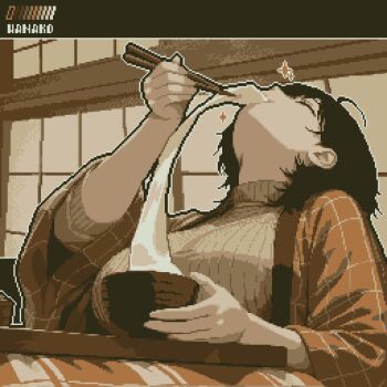 1girl artist_name black_hair bowl breasts chopsticks closed_eyes color_guide eating food head_back highres japanese_clothes kimono large_breasts limited_palette medium_hair mochi mochi_trail open_clothes open_kimono original outline pixel_art ribbed_sweater solo sparkle specialhanako sweater turtleneck turtleneck_sweater