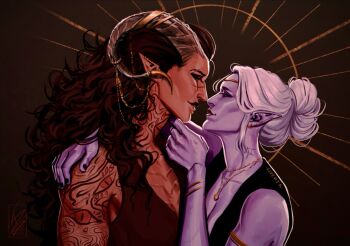 Rule 34 | 2girls, arm around shoulder, arm tattoo, az (azperja), baldur's gate, baldur's gate 3, black nails, breasts, brown background, cleavage, colored skin, dark elf, demon girl, demon horns, earrings, elf, eye contact, eye tattoo, facial scar, from side, hair bun, hand up, highres, horns, jewelry, looking at another, minthara, multiple girls, parted lips, pink skin, pointy ears, red skin, scar, scar on cheek, scar on face, scar on forehead, scar on mouth, scar on nose, short hair, single hair bun, smile, tattoo, teeth, the dark urge (baldur's gate), tiefling