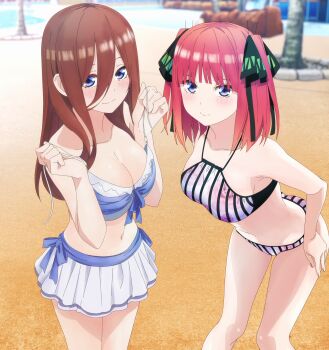 2girls anime_screenshot bare_shoulders bikini bikini_pull bikini_skirt blue_eyes blush breasts brown_hair butterfly_hair_ornament cleavage closed_mouth clothes_pull collarbone dot_nose female_focus floral_print frilled_bikini frills go-toubun_no_hanayome hair_between_eyes hair_ornament hair_over_one_eye hand_on_own_hip highres large_breasts legs long_sleeves looking_at_viewer midriff miniskirt multicolored_bikini multiple_girls nakano_miku nakano_nino navel off-shoulder_bikini off_shoulder open_clothes purple_bikini red_hair short_hair siblings sisters skirt sleeveless stitched stomach striped_bikini striped_clothes swimsuit swimsuit_skirt thighs third-party_edit twintails untied_bikini white_bikini white_skirt