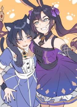 1boy 1girl alternate_costume animal_ear_fluff animal_ears aqua_eyes arm_around_shoulder arm_over_shoulder assertive_female black_collar black_gloves black_hair black_nails black_necktie blunt_bangs blunt_ends blush bow breast_press breasts brooch cat_boy cat_ears cat_tail cheek-to-breast choppy_bangs collar collarbone commission crossdressing crossdressing_(mtf) dress elbow_gloves eyeliner eyeshadow formal_clothes frilled_dress frills genshin_impact gloves gradient_hair grin hair_between_eyes hair_bow hetero highres jewelry long_hair looking_at_another makeup medium_breasts mona_(genshin_impact) multicolored_hair necktie open_hand open_mouth orange_background parted_bangs paw_print paw_print_background ponytail_holder purple_bow purple_dress purple_eyes purple_hair purple_sleeves rabbit_ears rabbit_girl red_eyeliner red_eyeshadow rende2vou3 scaramouche_(genshin_impact) second-party_source short_necktie short_sleeves smile star_(symbol) star_print tail teeth tsurime twintails upper_teeth_only