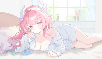 1girl breasts closed_mouth collarbone commentary cyrene_(honkai:_star_rail) cyrene_(ripples_of_past_reverie)_(honkai:_star_rail) flower gradient_hair hair_flower hair_ornament highres honkai:_star_rail honkai_(series) indoors large_breasts long_hair looking_at_viewer lying multicolored_hair on_bed on_stomach pachi_hsieh pink_hair pointy_ears purple_eyes purple_flower purple_rose rose shirt sidelocks smile solo thighs white_shirt