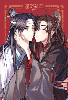 Rule 34 | 2boys, ahoge, black hair, black hanfu, blush, brown hair, chinese clothes, chinese text, closed eyes, closed mouth, couple, hair ribbon, hand on another's cheek, hand on another's face, hand on another's waist, hanfu, happy new year, headband, high ponytail, highres, hug, imminent kiss, kiss, lan wangji, long hair, long sleeves, looking at another, male focus, melmerry, modao zushi, multiple boys, new year, one eye closed, ponytail, red background, red ribbon, red sash, ribbon, robe, sash, sidelocks, sitting, sitting on lap, sitting on person, topknot, upper body, wei wuxian, white hanfu, white headband, wide sleeves, xiao guan (headdress), yaoi, yellow eyes