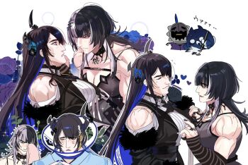 Rule 34 | 2girls, asymmetrical horns, black arm warmers, black choker, black dress, black hair, black horns, black sleeves, black vest, blue flower, blue hair, blue rose, blue shirt, breasts, choker, cleavage, colored inner hair, crying, dress, dress shirt, flower, fur-trimmed sleeves, fur trim, grey hair, hololive, hololive english, horn flower, horns, jailbird (nerissa ravencroft), large breasts, long hair, multicolored hair, multiple girls, muscular, muscular female, nerissa ravencroft, nerissa ravencroft (1st costume), novelites (shiori novella), pet cone, rose, shiori novella, shiori novella (1st costume), shirt, simple background, split-color hair, striped arm warmers, sweatdrop, tears, vest, virtual youtuber, white background, white shirt, yellow eyes, yomosaka, yuri