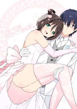 Rule 34 | 1boy, 1girl, ass, bad id, bad pixiv id, blue hair, brown hair, carrying, corpse party, couple, dress, formal clothes, glasses, gloves, green eyes, hair ornament, happy birthday, hetero, morishige sakutarou, osomatsu (nanameno), princess carry, short hair, simple background, suit, suzumoto mayu, wedding dress