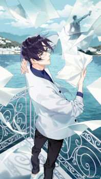 1boy arm_behind_head balcony black_pants blue_eyes blue_hair blue_shirt building cardigan chinese_commentary clarence_clayden cloud day flying_paper foot_out_of_frame glasses hand_up highres holding holding_paper long_sleeves looking_up lovebrush_chronicles male_focus official_art outdoors over-rim_eyewear pants paper parted_bangs parted_lips psd_(psdgai) river semi-rimless_eyewear shirt shoes short_hair sneakers solo standing statue turtleneck turtleneck_shirt white_cardigan white_shoes wind