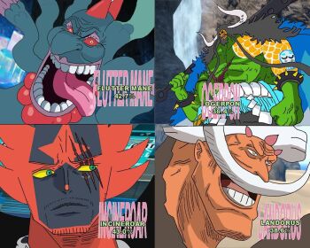 1girl 3boys abs casteliatv character_name charlotte_linlin club club_(weapon) edward_newgate evil_smile facial_hair flutter_mane gameplay_mechanics gen_5_pokemon gen_7_pokemon horns incineroar kaidou_(one_piece) kanabou landorus landorus_(therian) legendary_pokemon md5_mismatch multiple_boys muscular mustache nintendo ogerpon ogerpon_(wellspring_mask) one_piece oni open_mouth parody pokemon pokemon_(creature) resolution_mismatch serious shanks_(one_piece) smile source_larger trait_connection ugly weapon