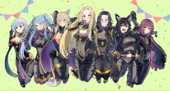 alpha_(kagejitsu) animal_ears arms_up beta_(kagejitsu) black_bodysuit black_hair blonde_hair blue_hair blunt_bangs blush bodysuit breasts cat_ears cat_girl cleavage commentary_request delta_(kagejitsu) elf epsilon_(kagejitsu) eta_(kagejitsu) everyone gamma_(kagejitsu) highres jumping kage_no_jitsuryokusha_ni_naritakute! kamisu_yu large_breasts long_hair looking_at_viewer medium_hair one_eye_closed open_mouth parted_bangs pointy_ears purple_hair scarf sidelocks skin_tight small_breasts twintails wolf_ears wolf_girl zeta_(kagejitsu)