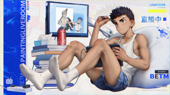 1boy bandaid bandaid_on_face bandaid_on_knee bandaid_on_leg baseball_bat baseball_uniform bean_bag_chair beitemian blue_eyes blue_shorts book cable can charger drawing_tablet drink_can highres holding holding_drawing_tablet holding_stylus male_focus monitor on_floor original power_strip shorts sitting socks soda_can sportswear stylus tank_top tissue_box topless_male white_socks white_tank_top