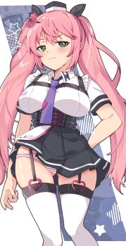 Rule 34 | 1girl, :3, absurdres, black corset, black hat, black skirt, breasts, collared shirt, corset, flower hairpin, garter straps, gluteal fold, goddess of victory: nikke, green eyes, hat, highres, large breasts, long hair, mini hat, multicolored panties, necktie, oi tie, panties, pink hair, pink panties, purple necktie, quiry (nikke), shirt, short sleeves, skirt, solo, striped clothes, striped panties, thighhighs, twintails, underwear, very long hair, white panties, white shirt, white thighhighs