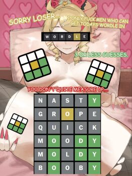 blonde_hair bow breasts censored censored_identity censored_nipples drill_hair english_text fishnet_thighhighs fishnets grabbing_own_thigh hair_bow hair_ornament hairclip heart heart_hair_ornament heart_hairpin heartsync highres large_breasts mole mole_on_breast mole_under_mouth multicolored_hair on_bed pink_hair pink_nails rakuno_beta siena_olena solo streaked_hair sweatdrop thighhighs twin_drills two-tone_hair virtual_youtuber wordle wordle_censored_meme