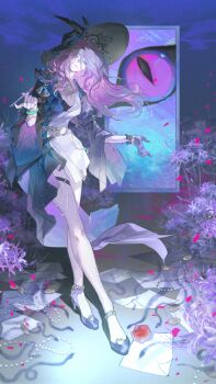 1girl absurdres black_gloves black_hat blue_eyes bracelet breasts chinese_commentary cleavage coin commentary_request fingernails full_body gloves hair_between_eyes hat highres holding holding_pen honkai:_star_rail honkai_(series) jade_(honkai:_star_rail) jewelry long_hair looking_at_viewer nail_polish necklace outdoors paper parted_lips pen portal_(object) purple_hair ring sidelocks single_glove sixii snake solo