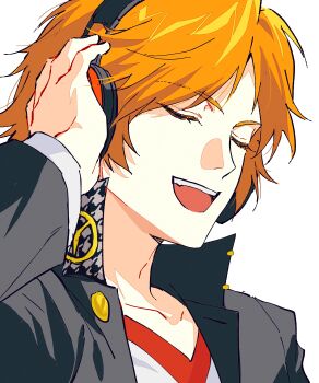 Rule 34 | 1boy, ^ ^, absurdres, ako (eanaaati1), arm up, black jacket, blonde hair, closed eyes, collarbone, commentary request, hanamura yousuke, hand on headphones, headphones, highres, jacket, male focus, open mouth, persona, persona 4, portrait, shirt, short hair, simple background, smile, solo, t-shirt, teeth, upper teeth only, white background, white shirt