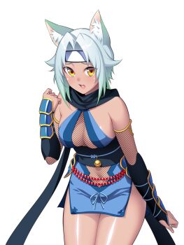 1girl animal_ear_fluff animal_ears arm_guards bare_shoulders black_scarf blue_dress blue_hair blush breasts cat_ears cleavage cowboy_shot dark-skinned_female dark_skin dress fishnets forehead_protector game_cg gloves gradient_hair headband highres japanese_clothes large_breasts large_variant_set looking_at_viewer lunatic_ninja magical_girl multicolored_hair nanao_(mahaya) navel ninja non-web_source ochite_iku_seisenshi_lunatic_angels official_art open_mouth sash scarf shindou_yuki_(lunatic_angels) shiny_skin short_hair simple_background solo standing thighs transparent_background variant_set white_background yellow_eyes
