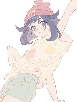 1girl beanie black_hair blue_eyes blush floral_print fua1heyvot4ifsr green_shorts hat highres looking_at_viewer nintendo parted_lips pokemon pokemon_sm red_hat selene_(pokemon) shirt short_hair short_sleeves shorts simple_background t-shirt tied_shirt white_background yellow_shirt