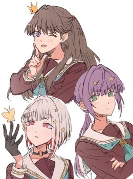 &gt;:( 3girls ;d aqua_neckerchief black_choker black_gloves blush bob_cut brown_dress brown_hair bug butterfly choker closed_mouth collarbone colored_inner_hair commentary_request cone_horns crossed_arms crown diagonal_bangs dress finger_to_cheek floating_crown frown fujishima_megumi gloves green_eyes grey_hair hair_ornament half_gloves hasu_no_daisankaku hasu_no_sora_school_uniform highres horns insect inverted_bob junjun_(kimi-la) link!_like!_love_live! long_hair long_sleeves looking_at_viewer love_live! low_ponytail multicolored_hair multiple_girls neckerchief o-ring o-ring_choker one_eye_closed open_mouth otomune_kozue parted_lips ponytail purple_eyes purple_hair red_eyes sailor_collar sailor_dress school_uniform short_hair sidelocks simple_background smile star_(symbol) star_hair_ornament streaked_hair teeth two_side_up upper_teeth_only v-shaped_eyebrows virtual_youtuber white_background white_sailor_collar winter_uniform yellow_butterfly yugiri_tsuzuri
