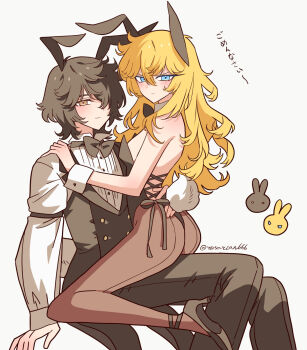 1boy 1girl andre_grandier arm_around_waist black_leotard black_pants black_vest blonde_hair blue_eyes bow bowtie brown_eyes brown_hair brown_pantyhose detached_collar dress_shirt fake_tail girl_on_top hair_over_one_eye hand_on_another&#039;s_shoulder hetero highres leotard long_hair long_sleeves meremero oscar_francois_de_jarjayes pants pantyhose playboy_bunny rabbit_tail shirt sleeves_past_wrists strapless strapless_leotard tail twitter_username versailles_no_bara very_long_hair vest white_background white_shirt wrist_cuffs