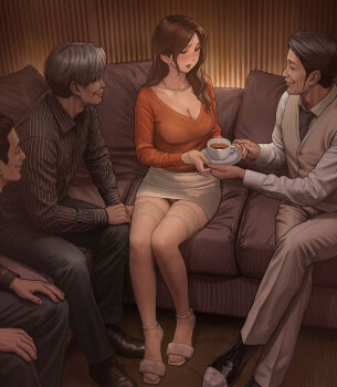 1girl 3boys absurdres brown_hair coffee commentary_request couch cup feet highres holding holding_cup jewelry lace lace-trimmed_thighhighs lace_trim ling_mei_(yewang19) long_hair long_sleeves mature_female multiple_boys necklace old old_man original pencil_skirt skirt teacup thighhighs white_thighhighs yewang19