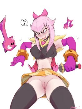 1girl :3 armpits bow brawl_stars breasts cleft_of_venus clothes_lift collar girl_on_top gloves heart highres large_breasts long_glove lora_c melodie_(brawl_stars) nipples covered_erect_nipples no_panties note open_mouth pink_bow pink_eyes pink_gloves pink_hair pussy simple_background skirt skirt_lift solo solo_focus thighhighs uncensored yellow_skirt