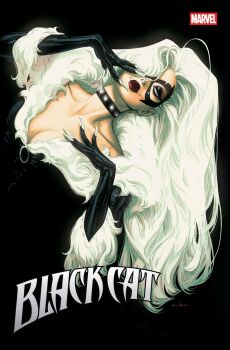 1girl artist_name artist_request black_bodysuit black_cat_(marvel) black_choker black_eyeshadow black_gloves black_mask bodysuit breasts choker claws cleavage closed_mouth collarbone comic_cover cover cover_page domino_mask english_text eye_mask eyeshadow feet_out_of_frame fur-trimmed_sleeves fur_trim gloves hair_over_one_eye highres long_hair makeup marvel mask red_lips spider-man_(series) wavy_hair western_comics_(style) white_eyes white_hair