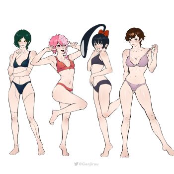 4girls armpits ass bare_legs bare_shoulders barefoot bra breasts chainsaw_man character_request collarbone feet full_body genjiruu highleg highleg_panties highres long_hair looking_at_viewer medium_breasts multiple_girls narrow_waist navel panties short_hair simple_background standing thick_thighs thighs twitter_username underwear white_background