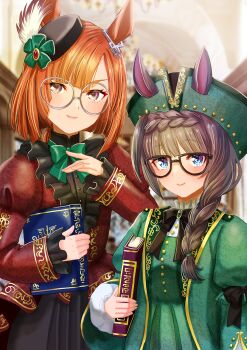 2girls animal_ears black-framed_eyewear black_bow black_bowtie black_hair black_skirt blue_eyes blush book bow bowtie braid braided_ponytail brown_hair closed_mouth commentary_request crown_braid dated_commentary dress ear_ornament ears_through_headwear frills glasses green_bow green_bowtie green_dress green_jacket hat hat_feather highres holding holding_book horse_ears horse_girl ikuno_dictus_(umamusume) jacket long_hair long_sleeves looking_at_viewer multicolored_hair multiple_girls otono_(bkt4b) red_shirt round_eyewear shirt skirt smile twintails umamusume zenno_rob_roy_(umamusume)