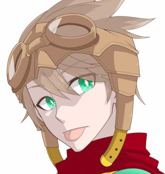 1boy bright_pupils brown_hair closed_mouth commentary_request goggles goggles_on_head green_eyes iyofika looking_at_viewer male_focus portrait ragnarok_online ranger_(ragnarok_online) red_scarf scarf short_hair simple_background solo tongue tongue_out white_background white_pupils