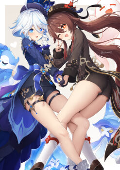 Rule 34 | 2girls, ahoge, ass, asymmetrical gloves, black gloves, black hat, black nails, black shorts, blue hair, blue hat, blue jacket, blue sash, boo tao (genshin impact), brown hair, brown jacket, brown shoes, brown shorts, buttons, coattails, double-breasted, drop-shaped pupils, flower-shaped pupils, furina (genshin impact), genshin impact, gloves, grey background, hair between eyes, hako momiji, hat, heart, heterochromia, holding hands, hu tao (genshin impact), jacket, jewelry, kneehighs, leg between thighs, long hair, long sleeves, looking at viewer, mismatched gloves, multicolored hair, multiple girls, multiple rings, nail polish, one eye closed, ring, sash, shoes, short shorts, shorts, socks, streaked hair, symbol-shaped pupils, tailcoat, thigh strap, top hat, trait connection, twintails, twitter username, two-tone hair, v, very long hair, vision (genshin impact), white gloves, white hair, white socks