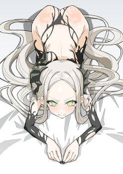 1girl absurdres apologizing ass black_horns black_liquid black_nails butayaro dogeza forehead goddess_of_victory:_nikke green_eyes grey_hair highres horns leviathan_(nikke) liquid_clothes long_hair looking_at_viewer pointy_ears prostration slap_mark spanked tears