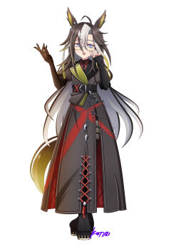 1girl absurdres ahoge animal_ears belt black_belt black_boots black_coat black_gloves blue_eyes boots brown_hair coat commentary_request dream_journey_(reminder_of_dreamland)_(umamusume) dream_journey_(umamusume) full_body glasses gloves hair_between_eyes highres horse_ears horse_girl horse_tail jewelry konsu_(konsu1182da) lace lace_gloves long_hair long_sleeves looking_at_viewer multicolored_hair multiple_rings open_mouth puffy_sleeves red_shirt ring shirt simple_background single_glove smile solo tail umamusume white_background white_hair