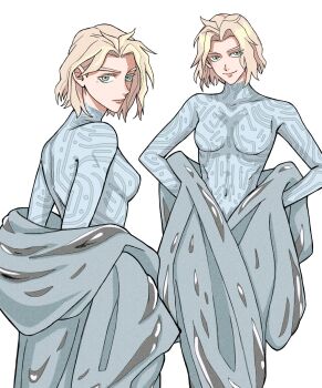 Rule 34 | 1girl, absurdres, blonde hair, blue eyes, breasts, cloak, colored eyelashes, florbetriz, genderswap, genderswap (mtf), grey eyes, hair intakes, highres, medium breasts, medium hair, millions knives, original, simple background, smile, trigun, white background